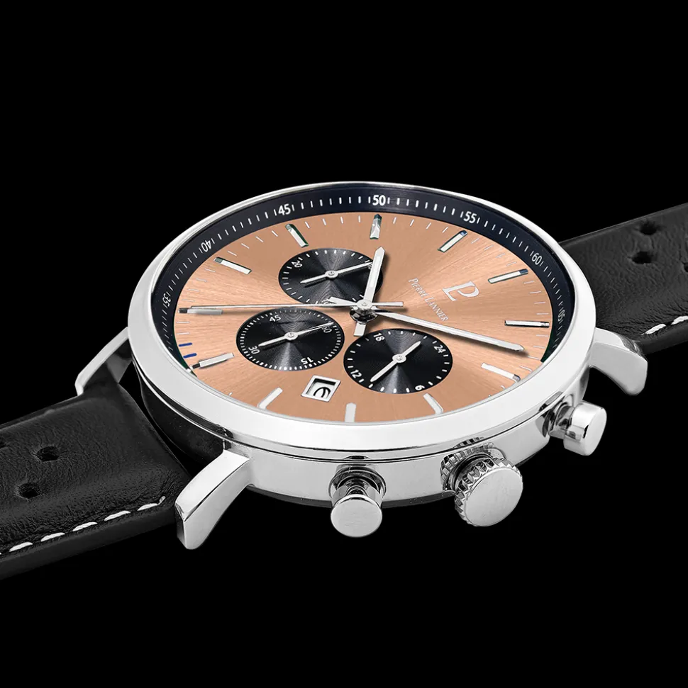 Montre Homme BARON Argenté Cadran Saumon Bracelet Cuir perforé Noir 20 MM