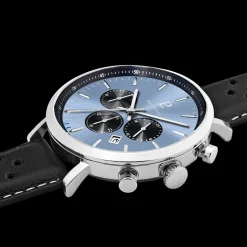 Montre Homme BARON Argenté Cadran Bleu Bracelet Cuir perforé Noir 20 MM