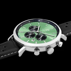 Montre Homme BARON Argenté Cadran Vert Bracelet Cuir perforé Noir 20 MM
