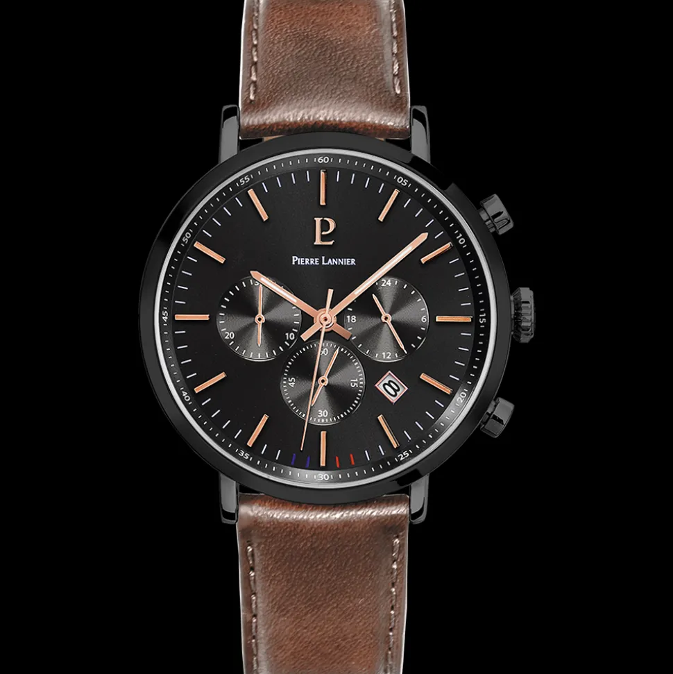 Montre Homme BARON Cadran Noir Bracelet Cuir Brun