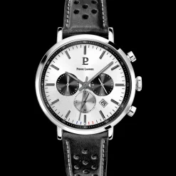 Montre Homme BARON Cadran Argenté Bracelet Cuir Perforé Noir