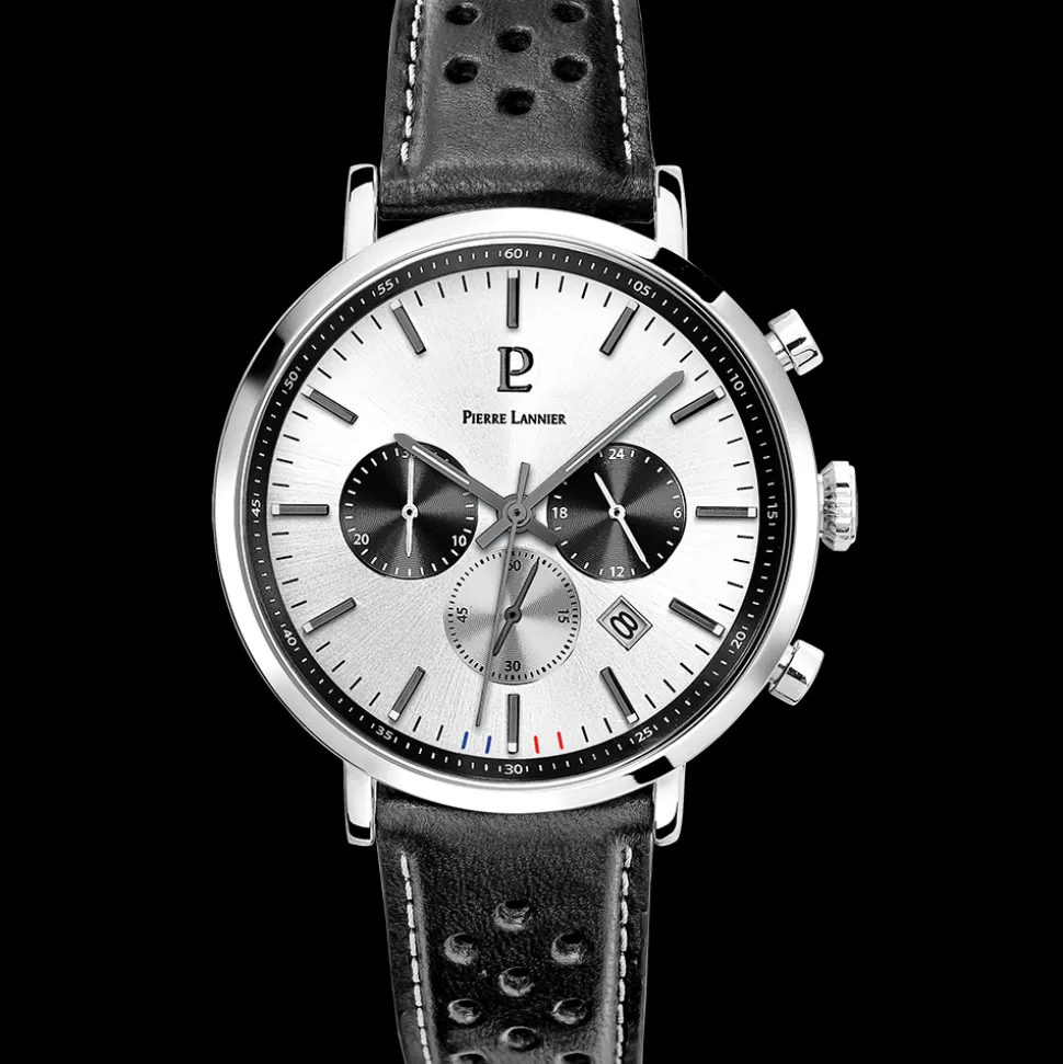 Montre Homme BARON Cadran Argenté Bracelet Cuir Perforé Noir
