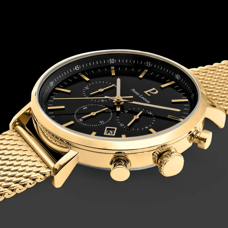 Montre Homme BARON Cadran Noir Bracelet Acier milanais Doré