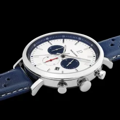Montre Homme BARON Cadran Blanc Bracelet Cuir Perforé Bleu