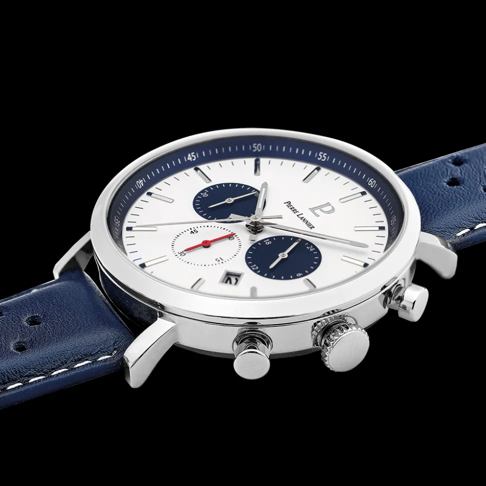 Montre Homme BARON Cadran Blanc Bracelet Cuir Perforé Bleu