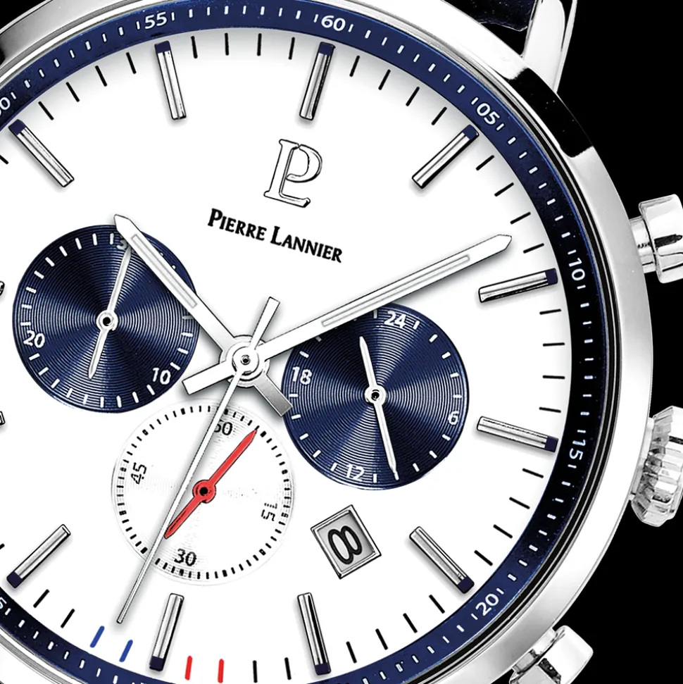 Montre Homme BARON Cadran Blanc Bracelet Cuir Perforé Bleu