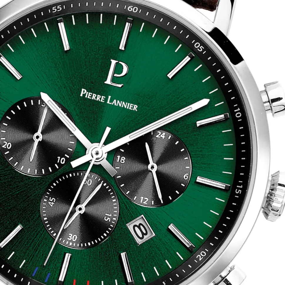 Montre Homme BARON Cadran Vert Bracelet Cuir Perforé Brun