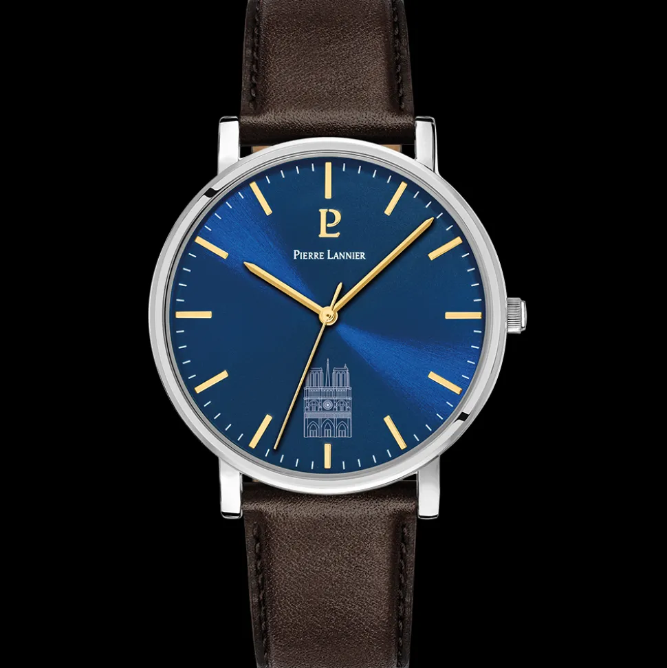 Montre Homme COEUR BATTANT Argenté Cadran Bleu Bracelet Cuir Brun 20 MM