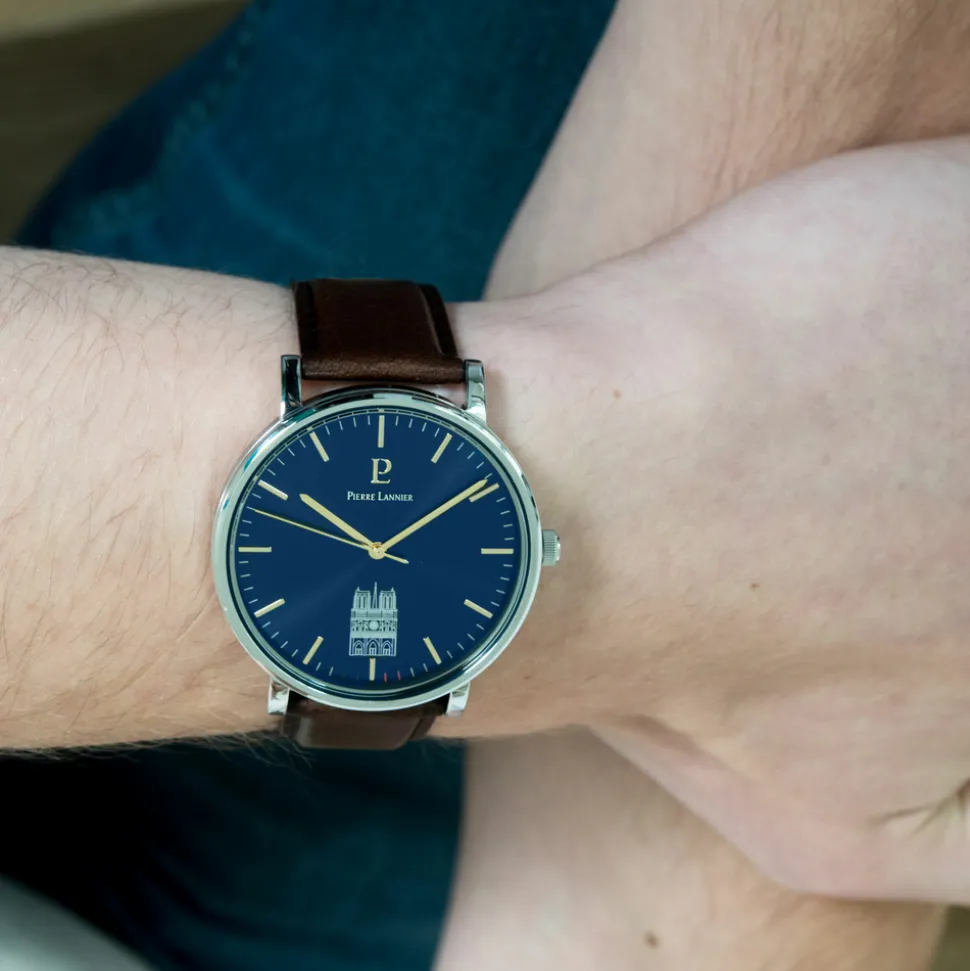 Montre Homme COEUR BATTANT Argenté Cadran Bleu Bracelet Cuir Brun 20 MM