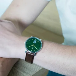 Montre Homme COEUR BATTANT Argenté Cadran Vert Bracelet Cuir Brun 20 MM
