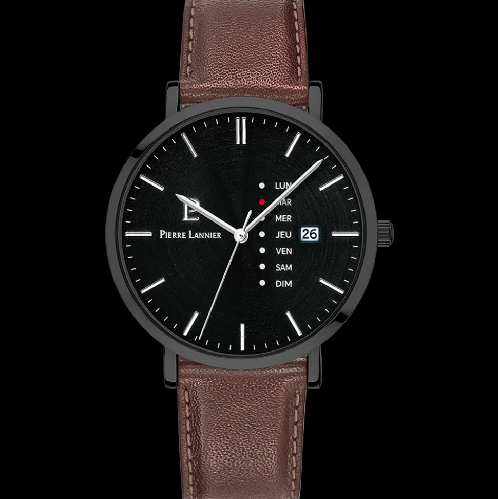 Montre Homme DATA Cadran Noir Bracelet Cuir Brun