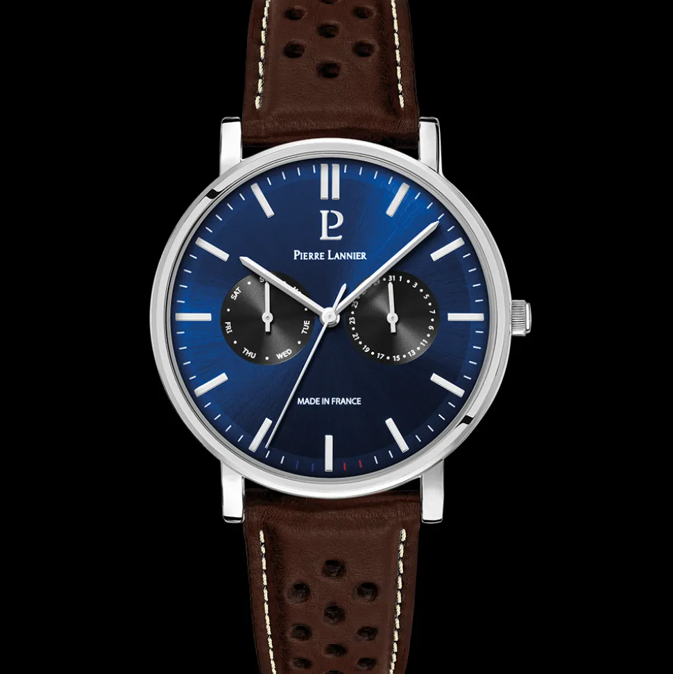 Montre Homme ESSENTIAL Argenté Cadran Bleu Bracelet Cuir perforé Brun 20 MM
