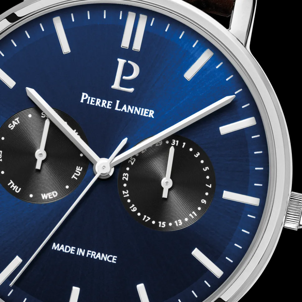 Montre Homme ESSENTIAL Argenté Cadran Bleu Bracelet Cuir perforé Brun 20 MM