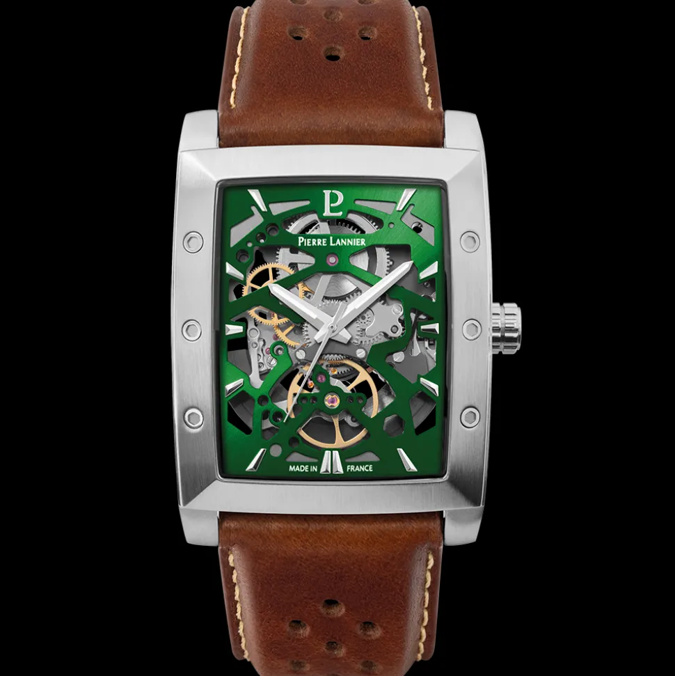 Montre Homme HECTOR Argenté Cadran Vert Bracelet Cuir Brun 26 MM