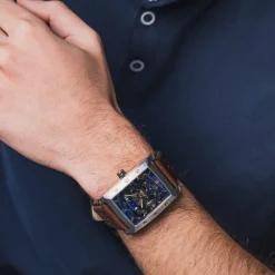 Montre Homme HECTOR Argenté Cadran Bleu Bracelet Cuir Brun 26 MM
