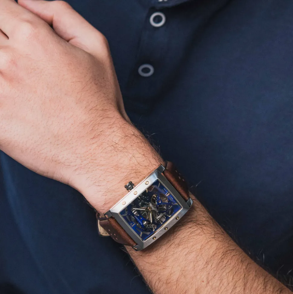 Montre Homme HECTOR Argenté Cadran Bleu Bracelet Cuir Brun 26 MM