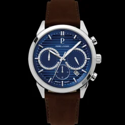 Montre Homme MONARCK Argenté Cadran Bleu Bracelet Cuir Brun 22 MM