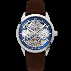 Montre Homme MONARCK Argenté Cadran Bleu Bracelet Cuir Brun 22 MM