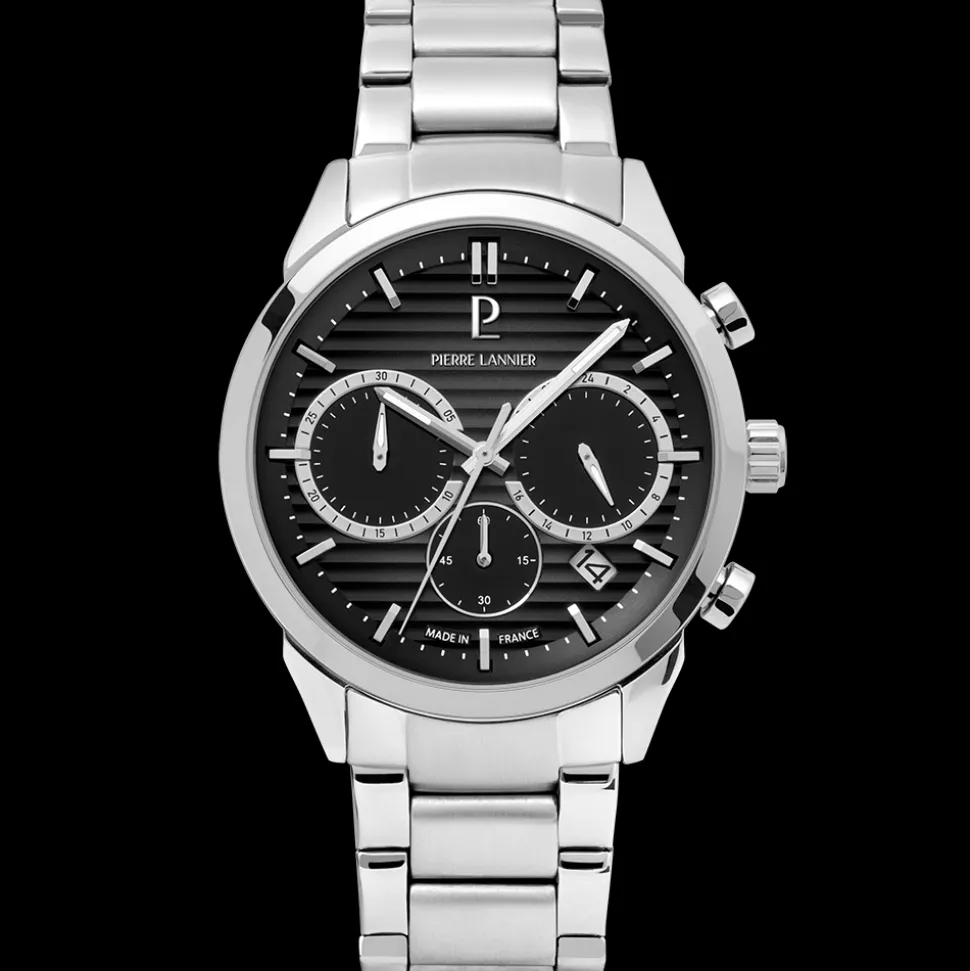 Montre Homme MONARCK Argenté Cadran Noir Bracelet Acier Argenté 22 MM