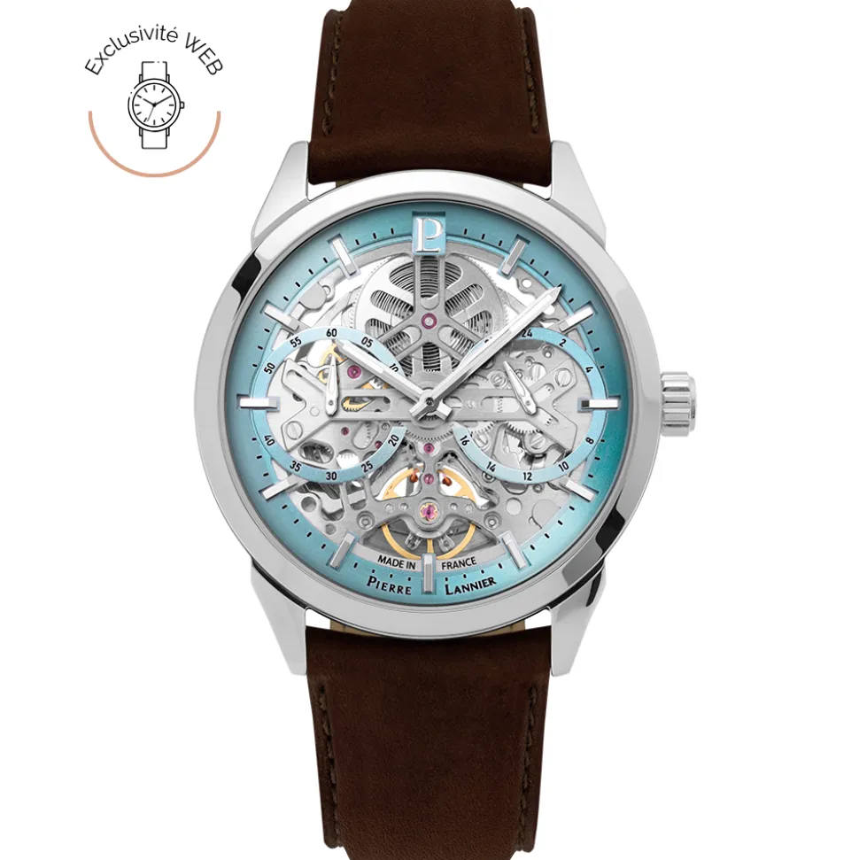 Montre Homme MONARCK Argenté Cadran Bleu Bracelet Cuir Brun 22 MM