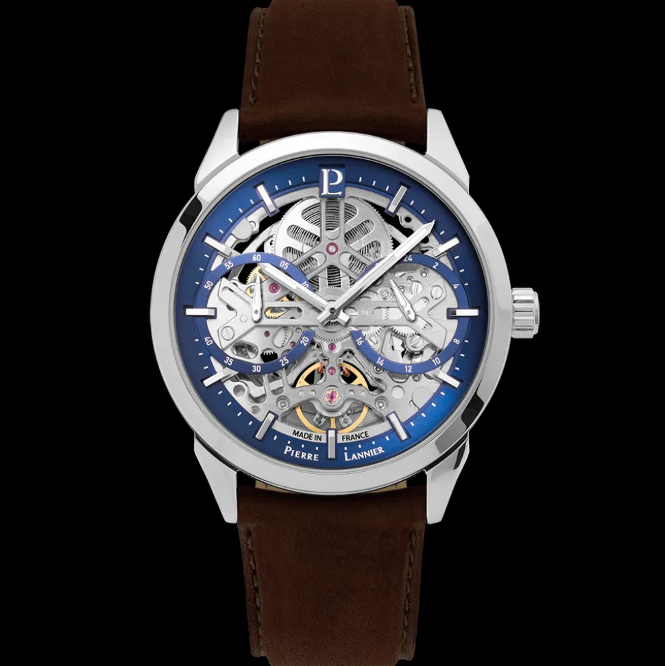 Montre Homme MONARCK Argenté Cadran Bleu Bracelet Cuir Brun 22 MM