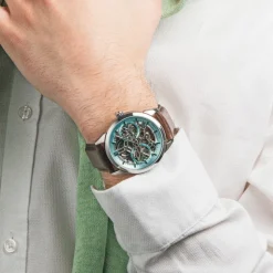 Montre Homme MONARCK Argenté Cadran Bleu Bracelet Cuir Brun 22 MM