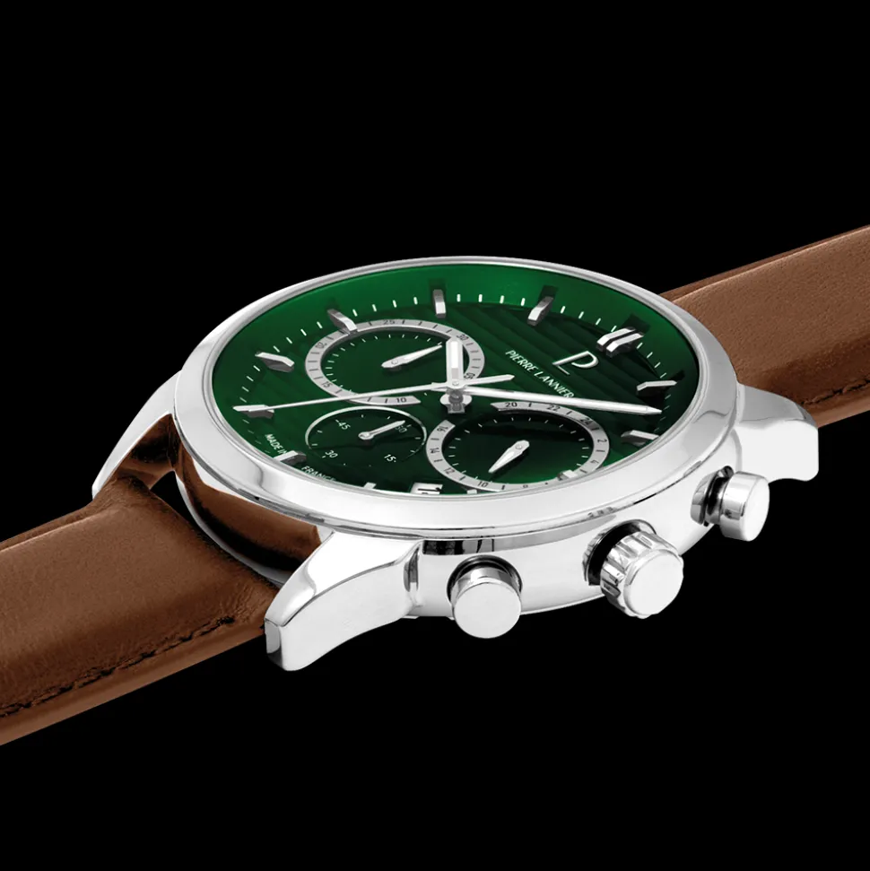 Montre Homme MONARCK Argenté Cadran Vert Bracelet Cuir Brun 22 MM
