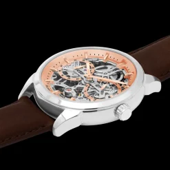 Montre Homme MONARCK Argenté Cadran Saumon Bracelet Cuir Brun 22 MM