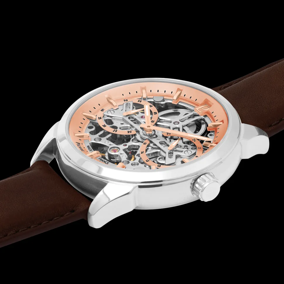 Montre Homme MONARCK Argenté Cadran Saumon Bracelet Cuir Brun 22 MM