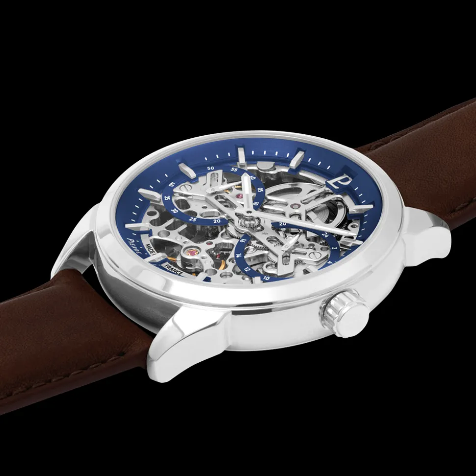 Montre Homme MONARCK Argenté Cadran Bleu Bracelet Cuir Brun 22 MM
