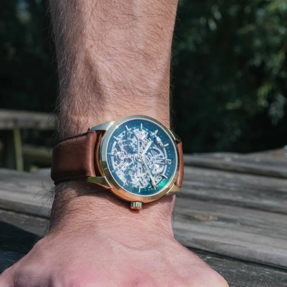 Montre Homme MONARCK Doré Cadran Vert Bracelet Cuir Brun 22 MM