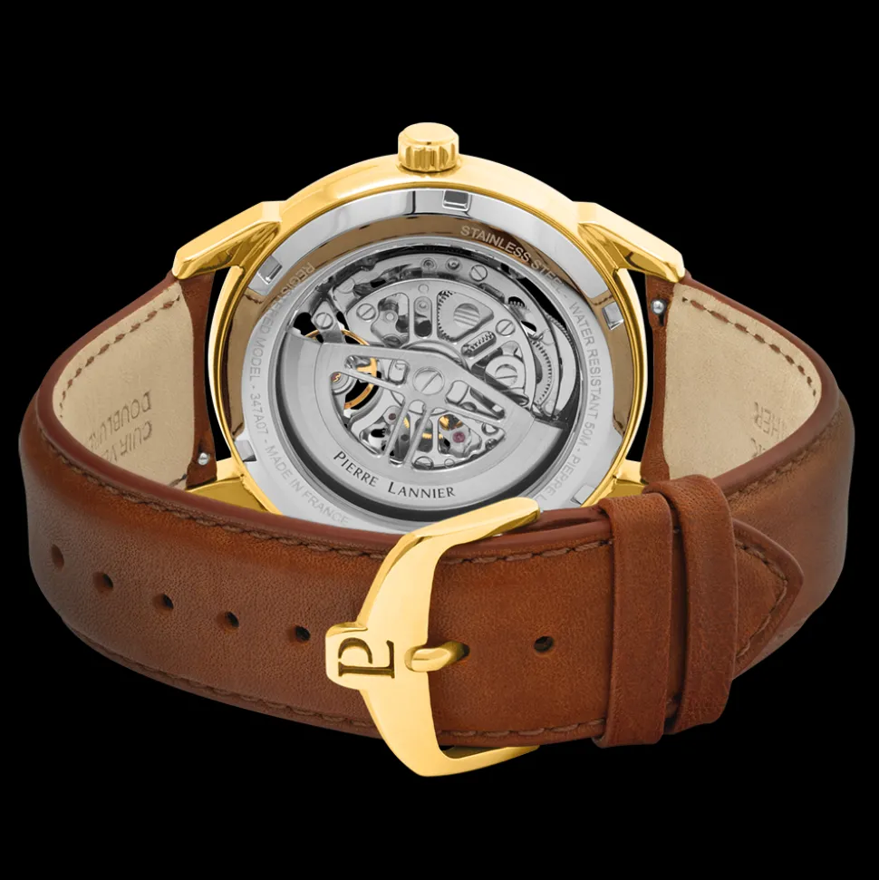 Montre Homme MONARCK Doré Cadran Vert Bracelet Cuir Brun 22 MM