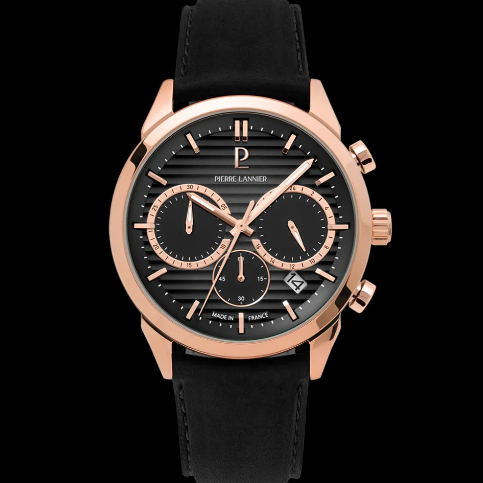 Montre Homme MONARCK Doré-rose Cadran Gris Bracelet Cuir Noir 22 MM