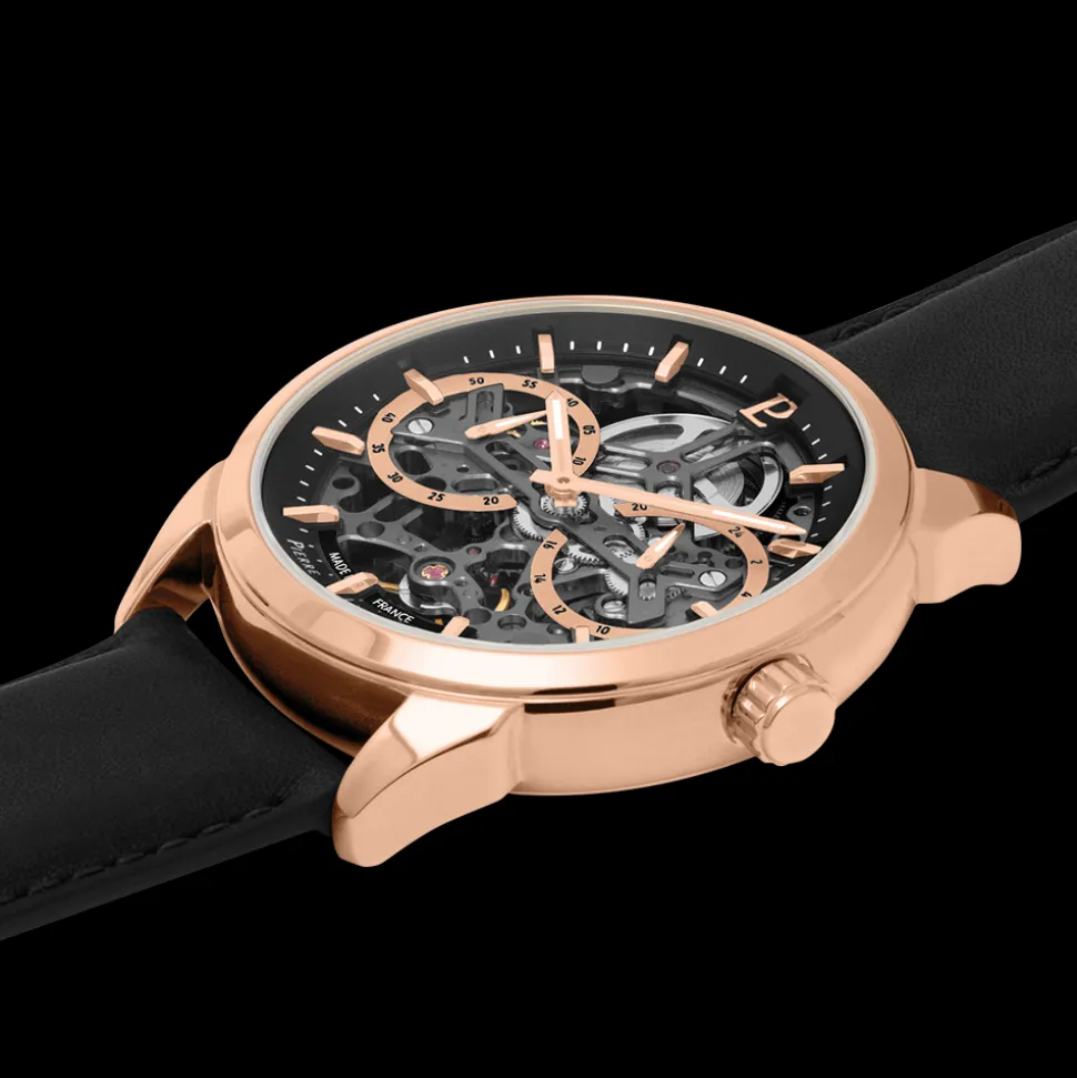 Montre Homme MONARCK Doré-rose Cadran Noir Bracelet Cuir Noir 22 MM