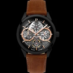 Montre Homme MONARCK Noir Cadran Noir Bracelet Cuir Brun 22 MM
