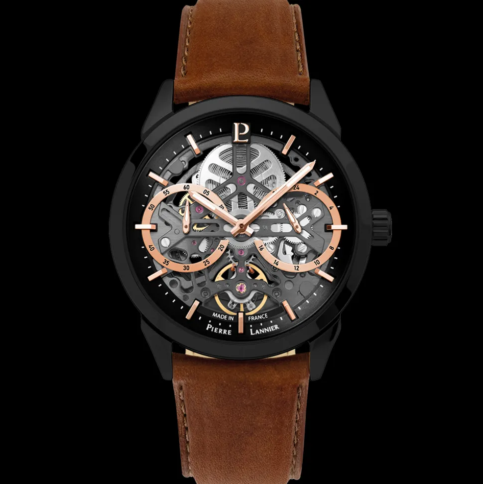 Montre Homme MONARCK Noir Cadran Noir Bracelet Cuir Brun 22 MM