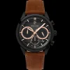 Montre Homme MONARCK Noir Cadran Gris Bracelet Cuir Brun 22 MM