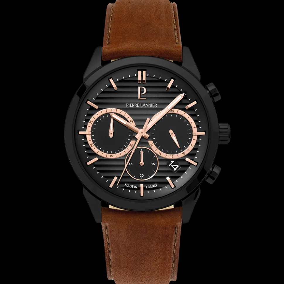 Montre Homme MONARCK Noir Cadran Gris Bracelet Cuir Brun 22 MM