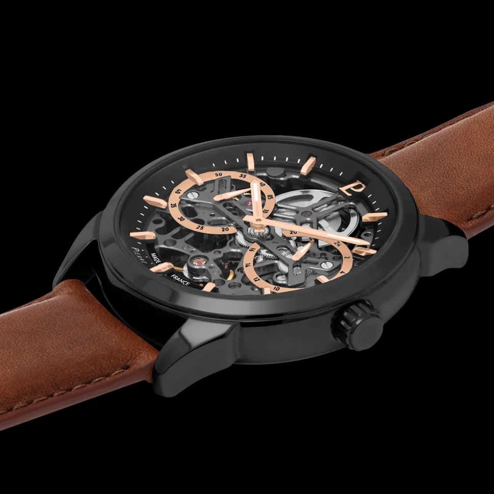 Montre Homme MONARCK Noir Cadran Noir Bracelet Cuir Brun 22 MM