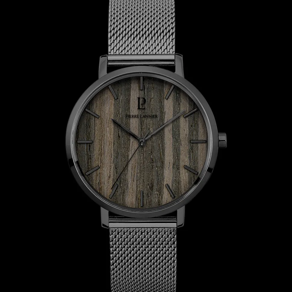 Montre Homme NATURE Cadran Noir Bracelet Acier milanais Gris