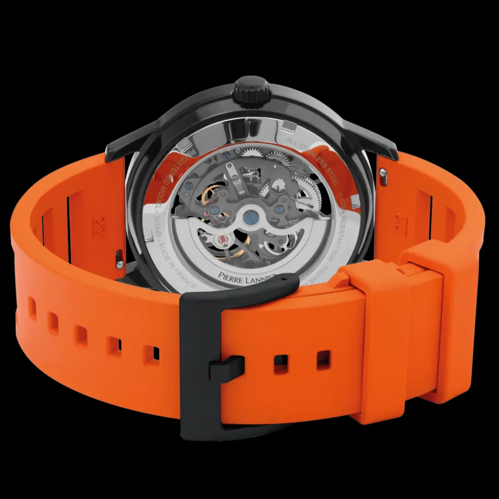 Montre Homme PADDOCK Noir Cadran Noir Bracelet Caoutchouc Orange 22 MM
