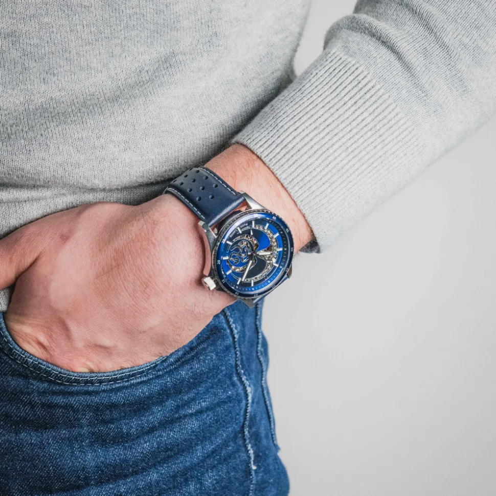 Montre Homme RCS Argenté Cadran Bleu Bracelet Cuir Bleu 22 MM