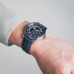 Montre Homme RCS Argenté Cadran Bleu Bracelet Cuir Bleu 22 MM