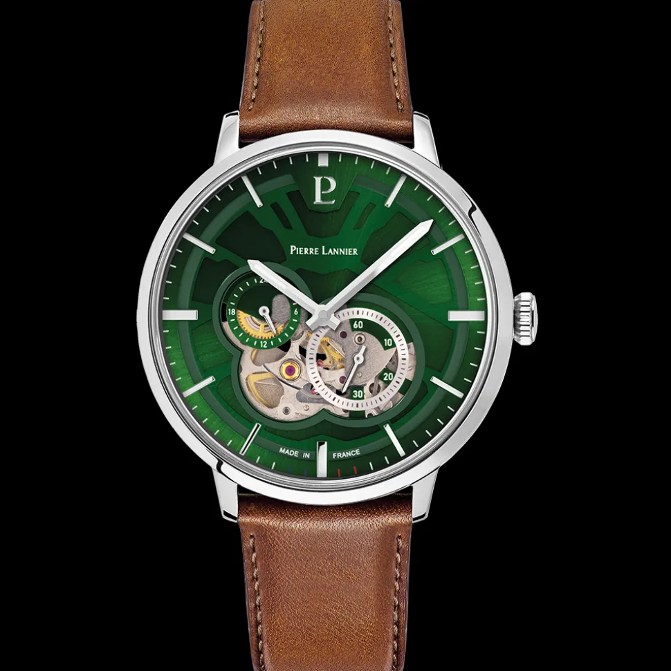 Montre Homme TRIO Argenté Cadran Vert Bracelet Cuir Brun 20 MM