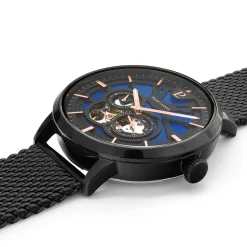 Montre Homme TRIO Cadran Bleu Bracelet Acier milanais Noir