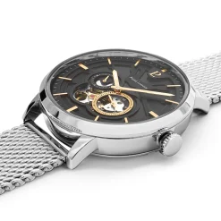 Montre Homme TRIO Cadran Noir Bracelet Acier milanais Argenté