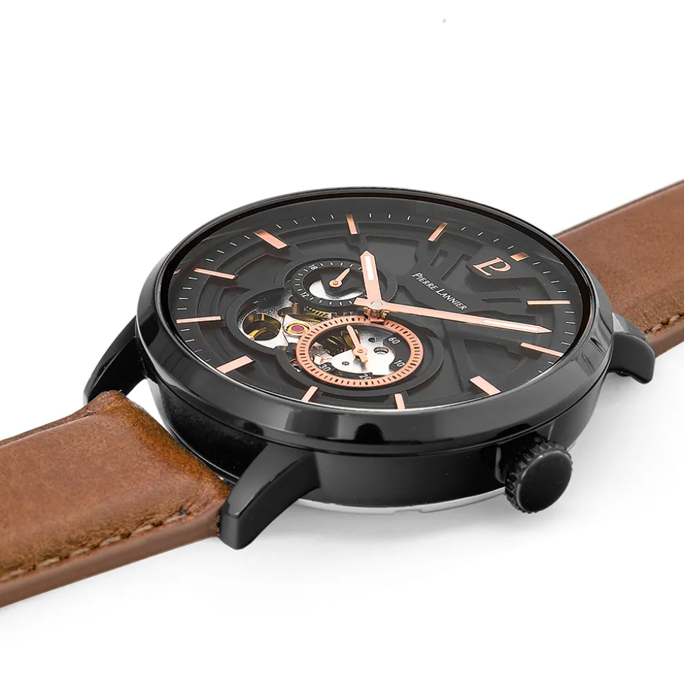 Montre Homme TRIO Cadran Noir Bracelet Cuir Brun