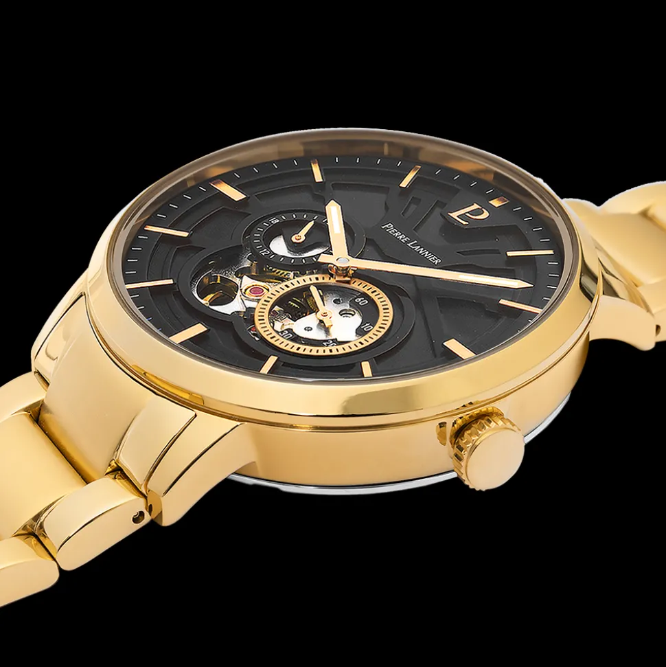 Montre Homme TRIO Cadran Noir Bracelet Acier Doré